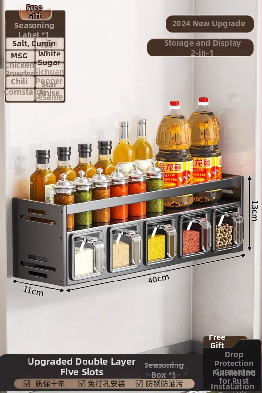 Regál na korenie, hliník, nástenný, bez vŕtania, viacúčelový kuchynský organizér