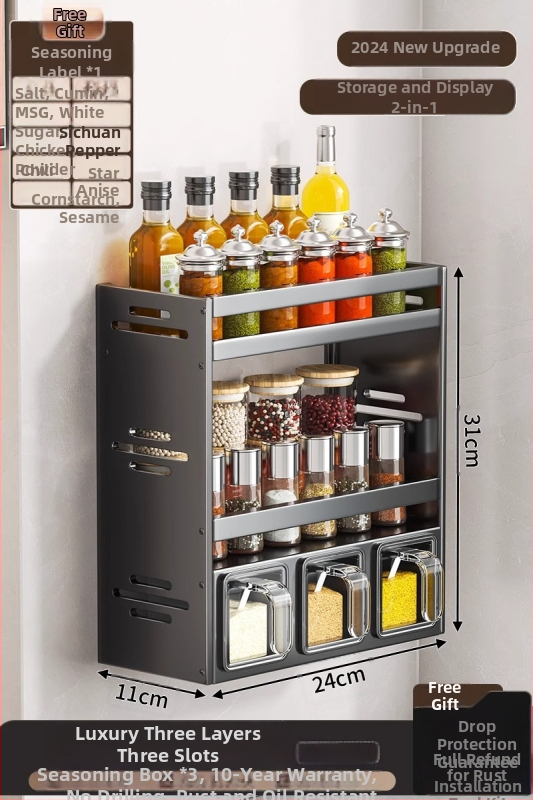 Regál na korenie, hliník, nástenný, bez vŕtania, viacúčelový kuchynský organizér