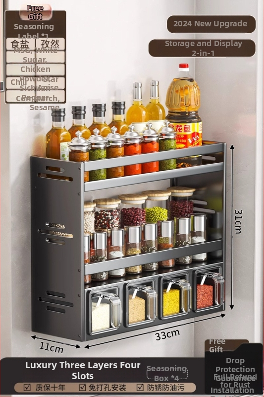 Regál na korenie, hliník, nástenný, bez vŕtania, viacúčelový kuchynský organizér