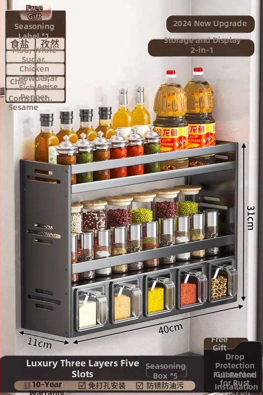 Regál na korenie, hliník, nástenný, bez vŕtania, viacúčelový kuchynský organizér