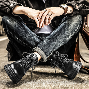 Ανδρικά μποτάκια εργασίας σε βρετανικό στυλ με κλίνο τακουνιού 3–5 cm, PU επάνω μέρος, υφασμάτινος πάτος, ψηλός σωλήνας - 9-LYTX