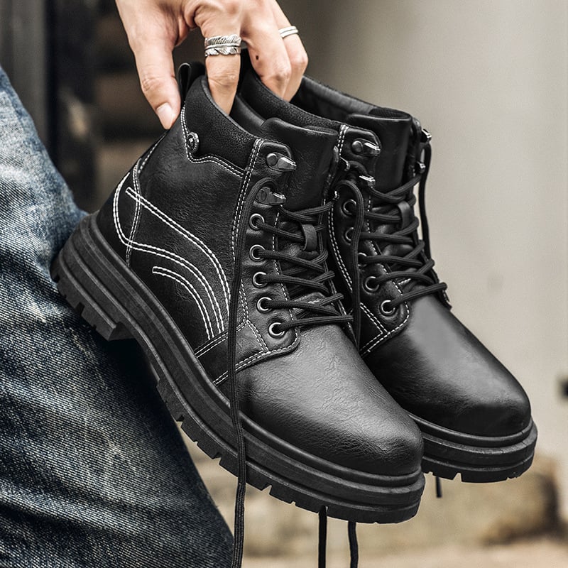 Ανδρικά μποτάκια εργασίας σε βρετανικό στυλ με κλίνο τακουνιού 3–5 cm, PU επάνω μέρος, υφασμάτινος πάτος, ψηλός σωλήνας - 9-LYTX