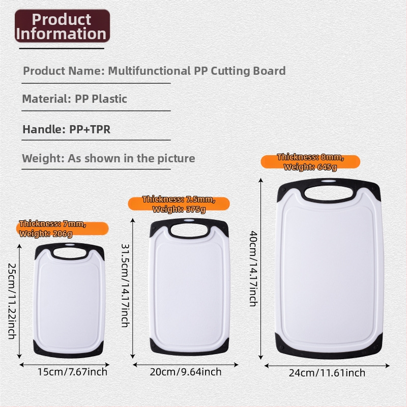 PP plastiko pjovimo lentelių rinkinys, trijų vienetų, skirtas daržovėms, vaisiams ir mėsai, FDA