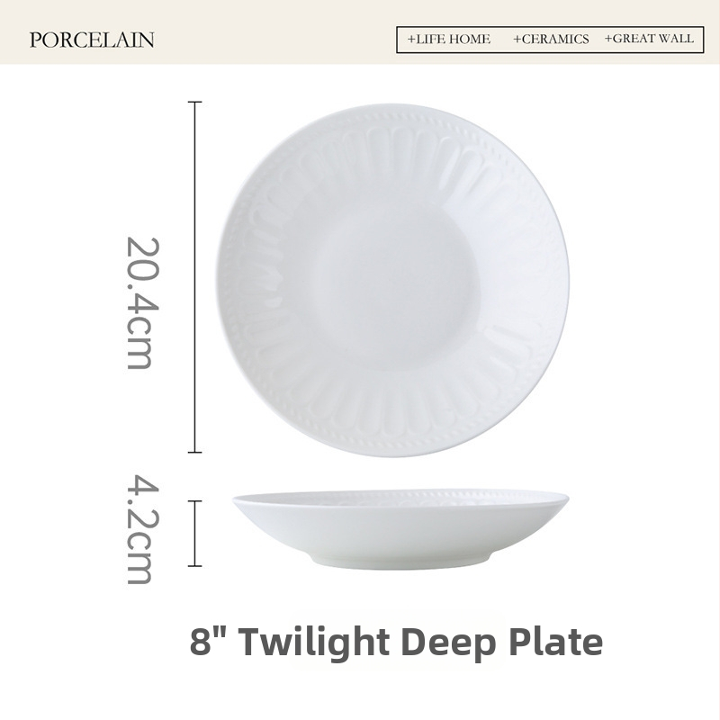 Mu yun porcelninė vakarų patiekalų lėkštė, apvalios formos, vientisas raštas, po glazūra spalvų užbaigimas, modernus paprastas stilius