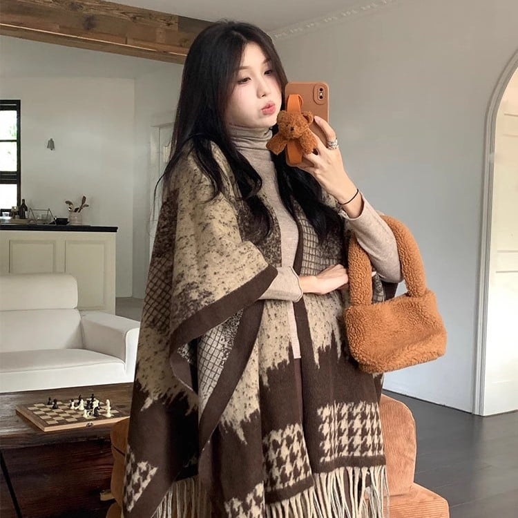 Sieviešu ceļojumu šalle, rūtīgs raksts, poliesters, džakarda audums, silta rudens–ziemas sezonai