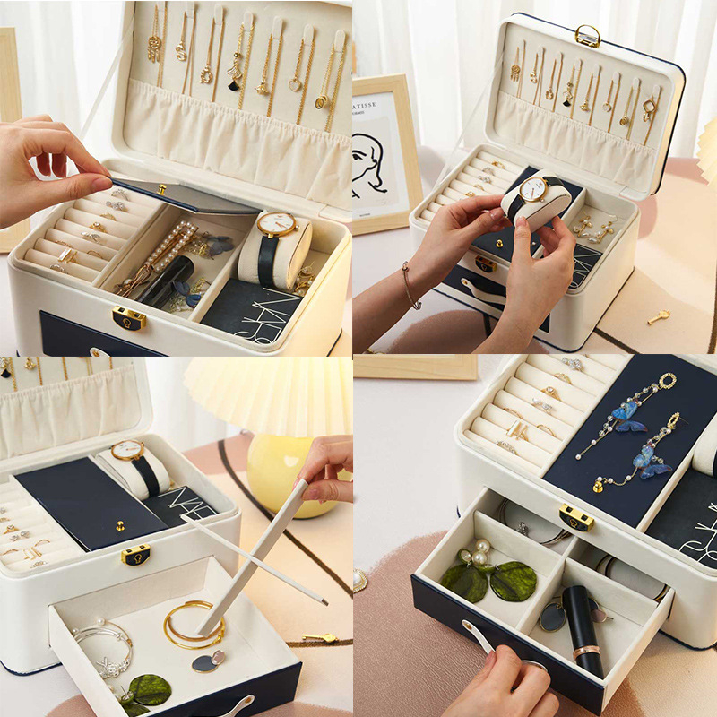 Ādas divslāņu juvelierizstrādājumu kastīte ar slēdzeni uz galda - daudzfunkcionāla, pārnēsājama, bērnu matu aksesuāriem