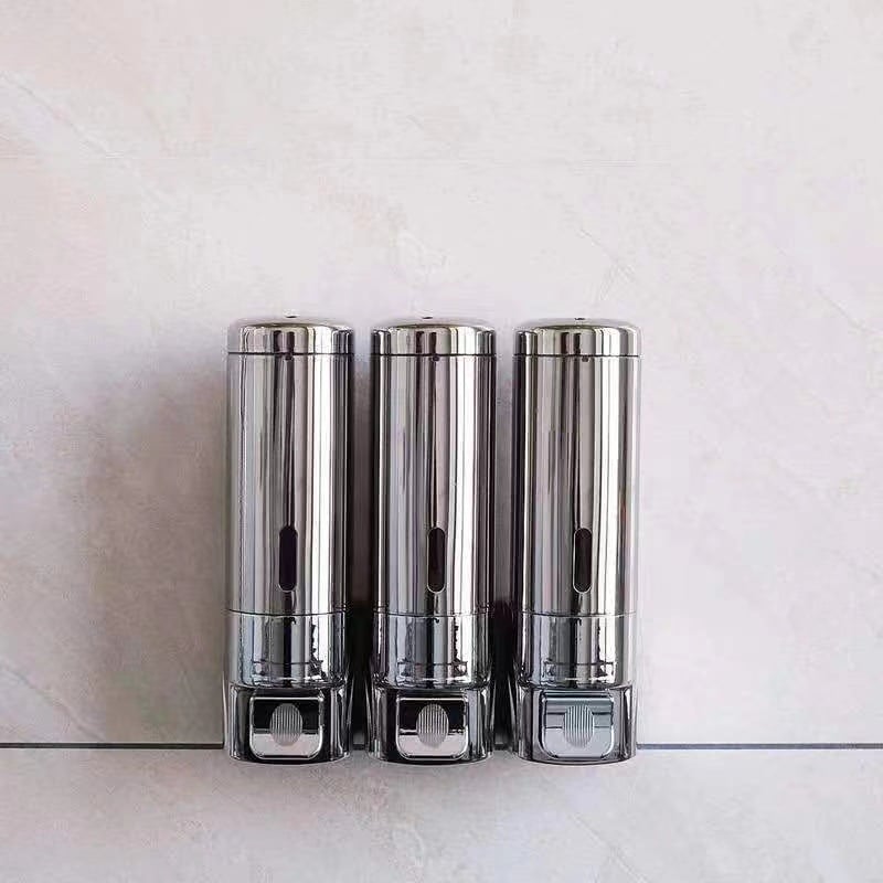 Sieninis muilo dozatorius iš nerūdijančio plieno ir plastiko, rankinis paspaudimas, šiuolaikinis minimalistinis stilius, poliruotas paviršius