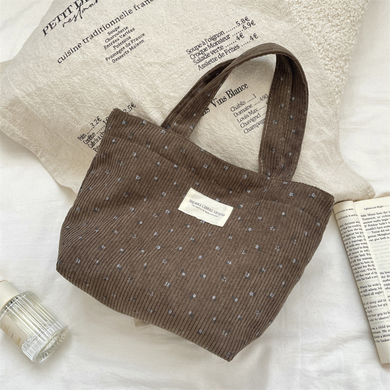 Corduroy cvjetna torba – casual stil, uspravna četverokutna forma, otvoreni vrh, platnena podstava, unutarnja struktura: torba za dokumente