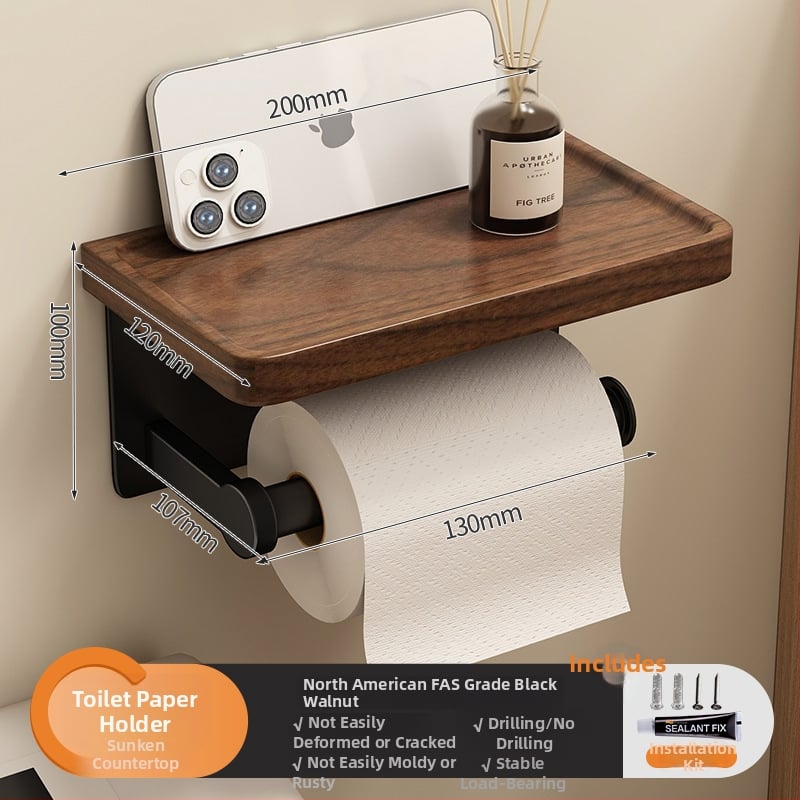 Cutie de hârtie igienică din lemn de nuc și suport pentru hârtie, baie, formă pătrată, cu strat de protecție împotriva apei și mucegai