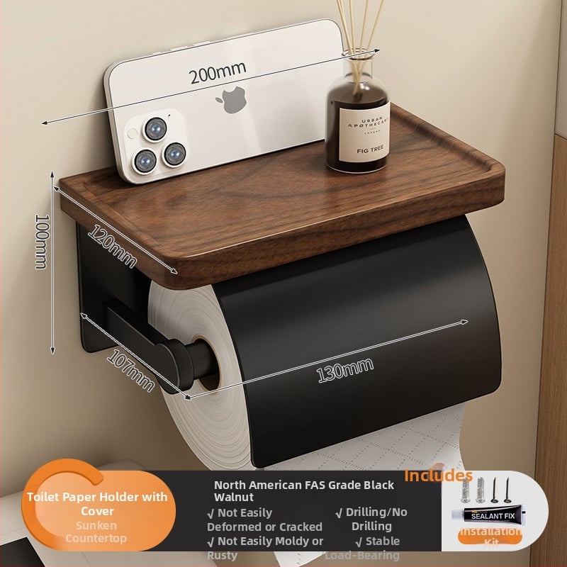 Cutie de hârtie igienică din lemn de nuc și suport pentru hârtie, baie, formă pătrată, cu strat de protecție împotriva apei și mucegai