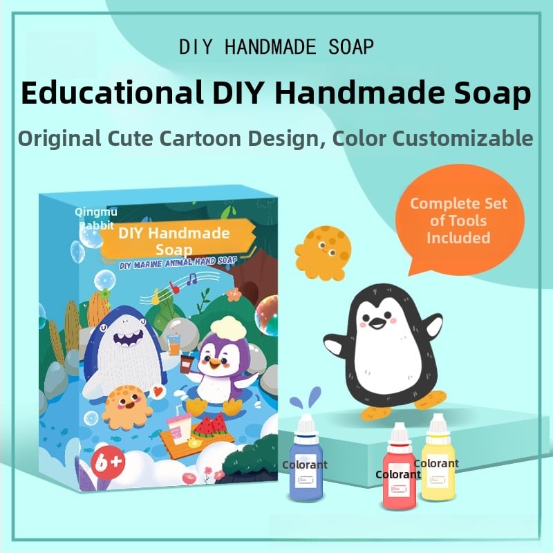 Rankų darbo muilas su vandenynų tema ir animacinių gyvūnų figūrėlėmis vaikams (3–6 m.) | Pakuotė: popierinė dėžutė | Prisitaikoma pagal piešinius