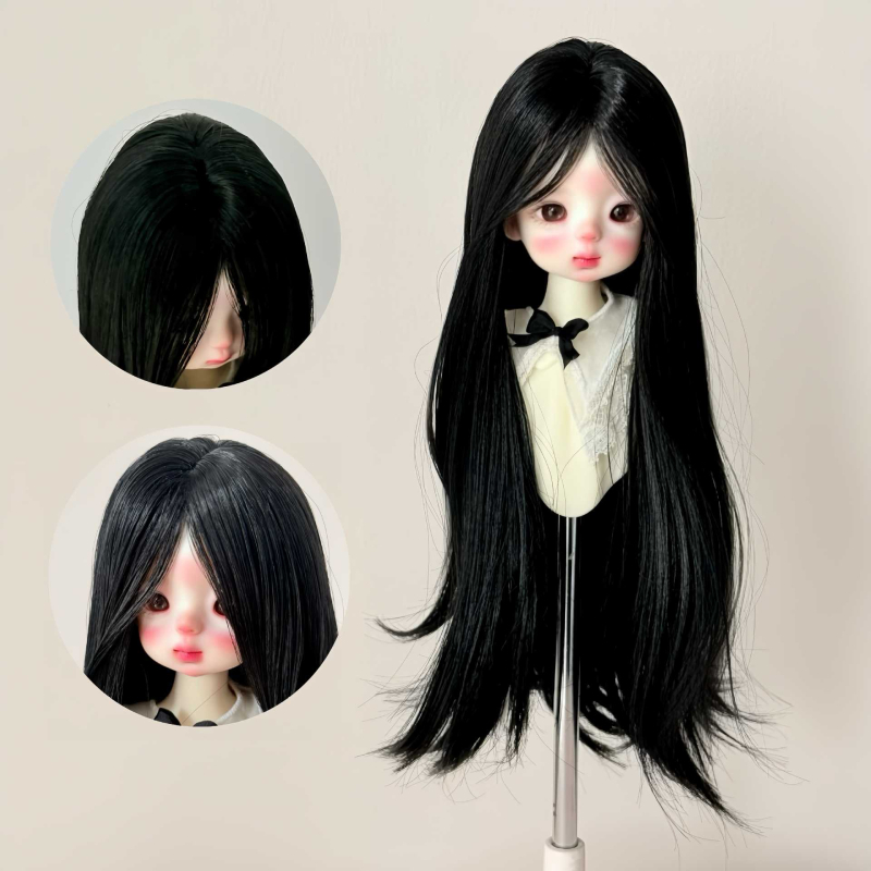 Perucă pentru păpuă BJD, păr lung drept cu breton, fibră rezistentă la temperaturi înalte, stil: lung drept sau înclinat