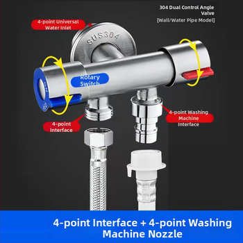 Kolmtee nurga ventiil, üks sisenemine, kaks väljundit; roostevabast terasest korpus; sisemine diameeter 20 mm; töörõhk 1 MPa; sobib vannituppa ja tualetile