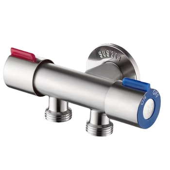 Kolmtee nurga ventiil, üks sisenemine, kaks väljundit; roostevabast terasest korpus; sisemine diameeter 20 mm; töörõhk 1 MPa; sobib vannituppa ja tualetile