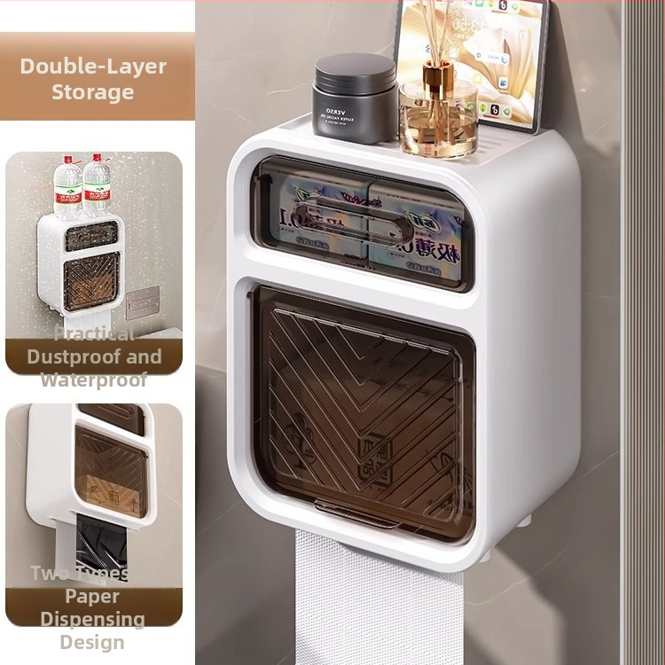 Pastatoma sienos plastikinė tualeto popieriaus dėžutė ir popierinių rankšluosčių laikiklis, be gręžimo, atsparus vandeniui, modernus minimalistinis stilius