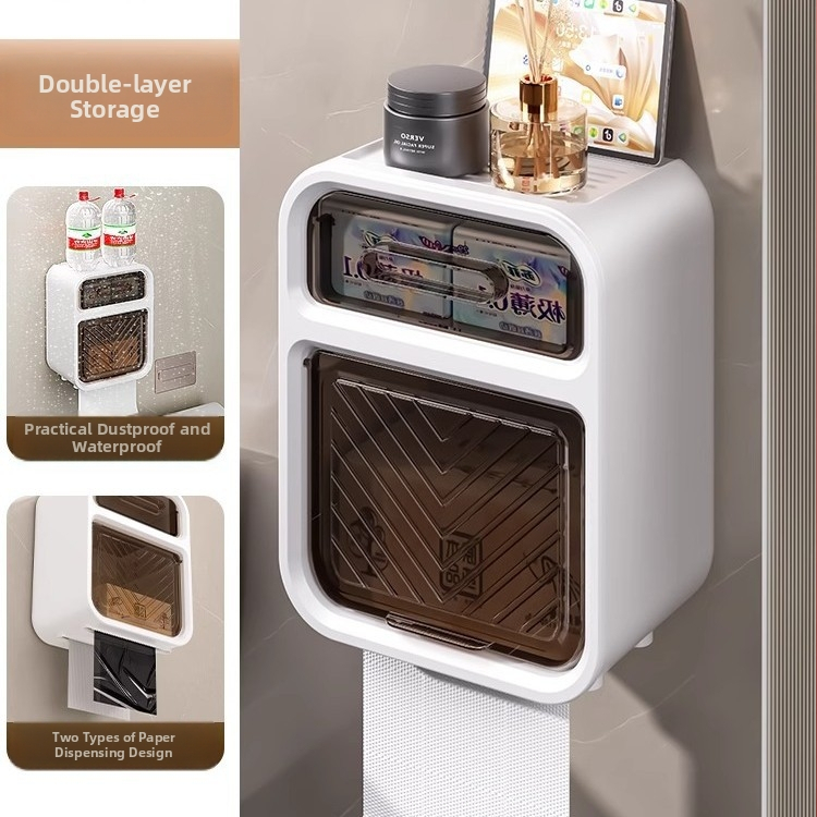 Pastatoma sienos plastikinė tualeto popieriaus dėžutė ir popierinių rankšluosčių laikiklis, be gręžimo, atsparus vandeniui, modernus minimalistinis stilius