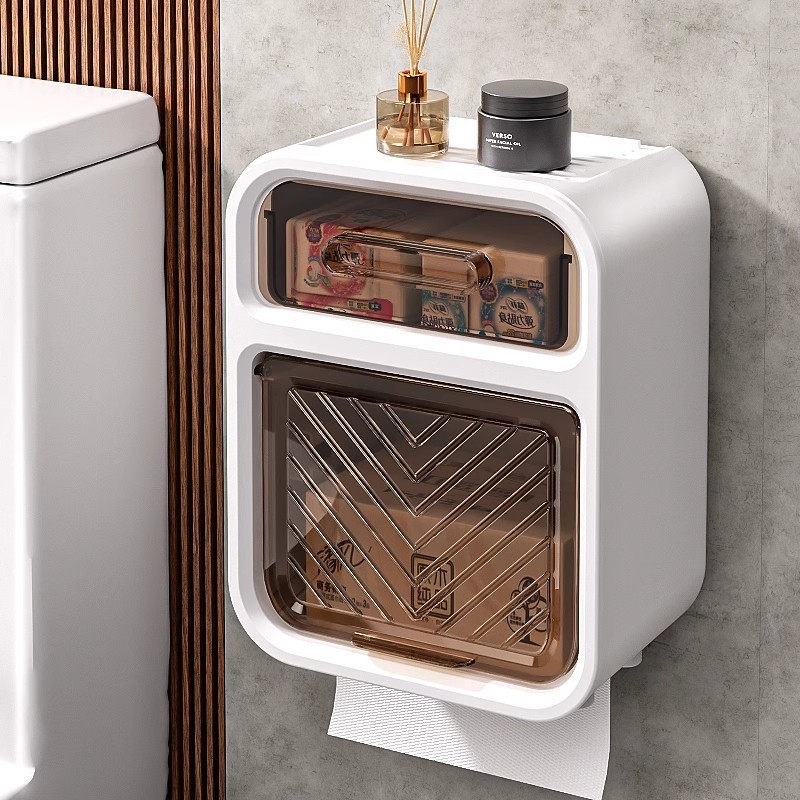 Cutie montată pe perete pentru hârtie igienică și suport pentru prosoape, din plastic, fără găuri, rezistent la apă, stil modern minimalist
