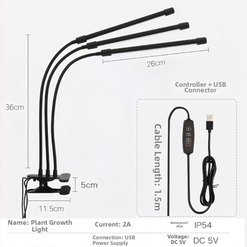 LED augimo lemputė su klipu, pilnas spektras, 5V įvestis, IP45, ABS korpusas