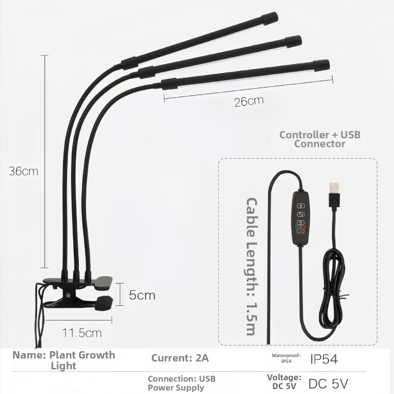 LED augimo lemputė su klipu, pilnas spektras, 5V įvestis, IP45, ABS korpusas