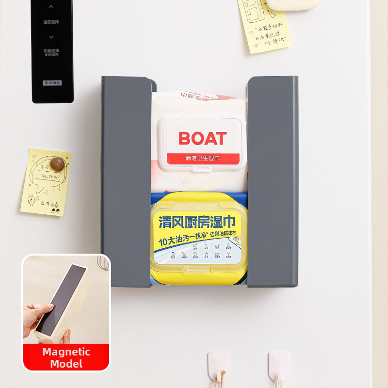 Magnetinė dėžutė servetėlėms virtuvei ir šaldytuvui; plastmasinė, atspari vandeniui, daugiafunkcinė, be gręžimo