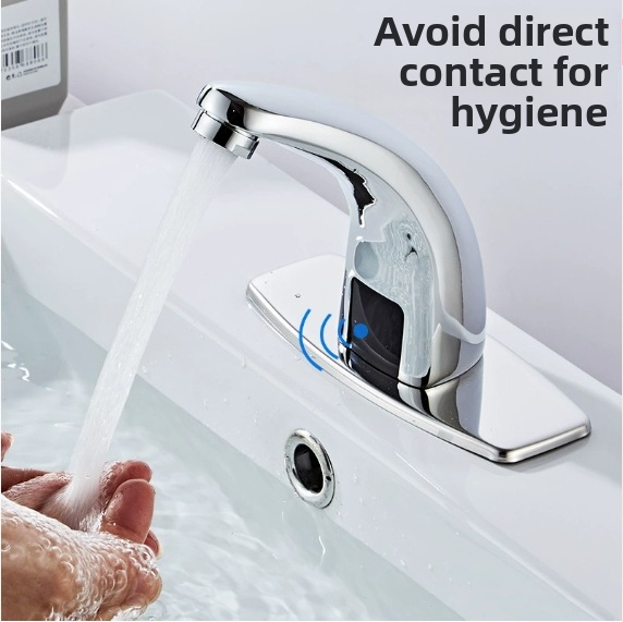 Сензорен меден смесител за умивалник – индуктивно управление, DC/AC захранване, модерен минималистичен стил