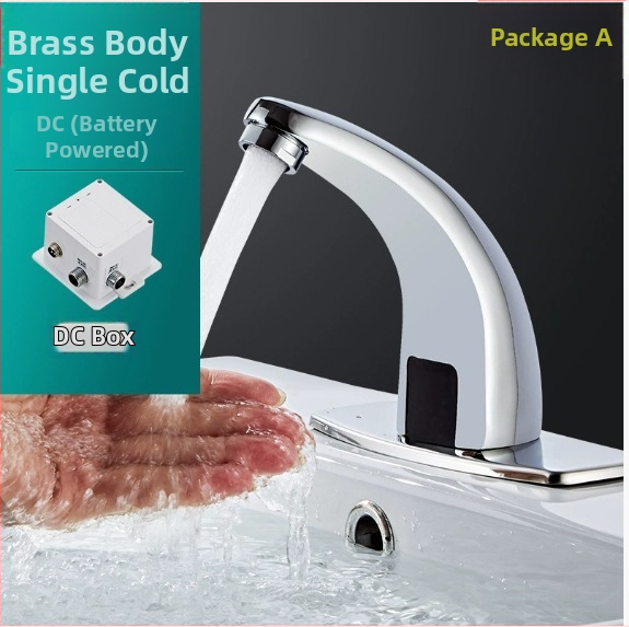 Сензорен меден смесител за умивалник – индуктивно управление, DC/AC захранване, модерен минималистичен стил