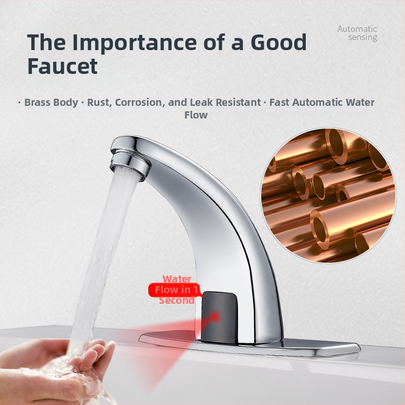 Сензорен меден смесител за умивалник – индуктивно управление, DC/AC захранване, модерен минималистичен стил