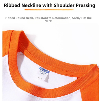 Vaikų medvilninis marškinėliai su raglano rankovėmis, trumpomis rankovėmis, apvalia kaklo iškirpte, spausdintas logotipas