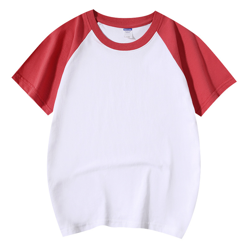 Vaikų medvilninis marškinėliai su raglano rankovėmis, trumpomis rankovėmis, apvalia kaklo iškirpte, spausdintas logotipas