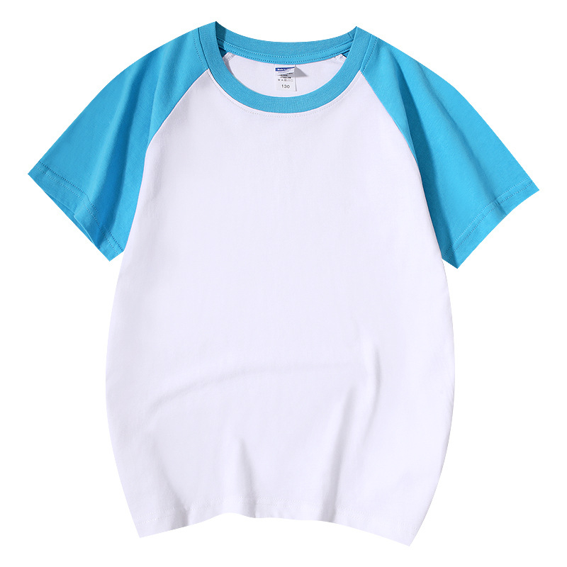 Vaikų medvilninis marškinėliai su raglano rankovėmis, trumpomis rankovėmis, apvalia kaklo iškirpte, spausdintas logotipas