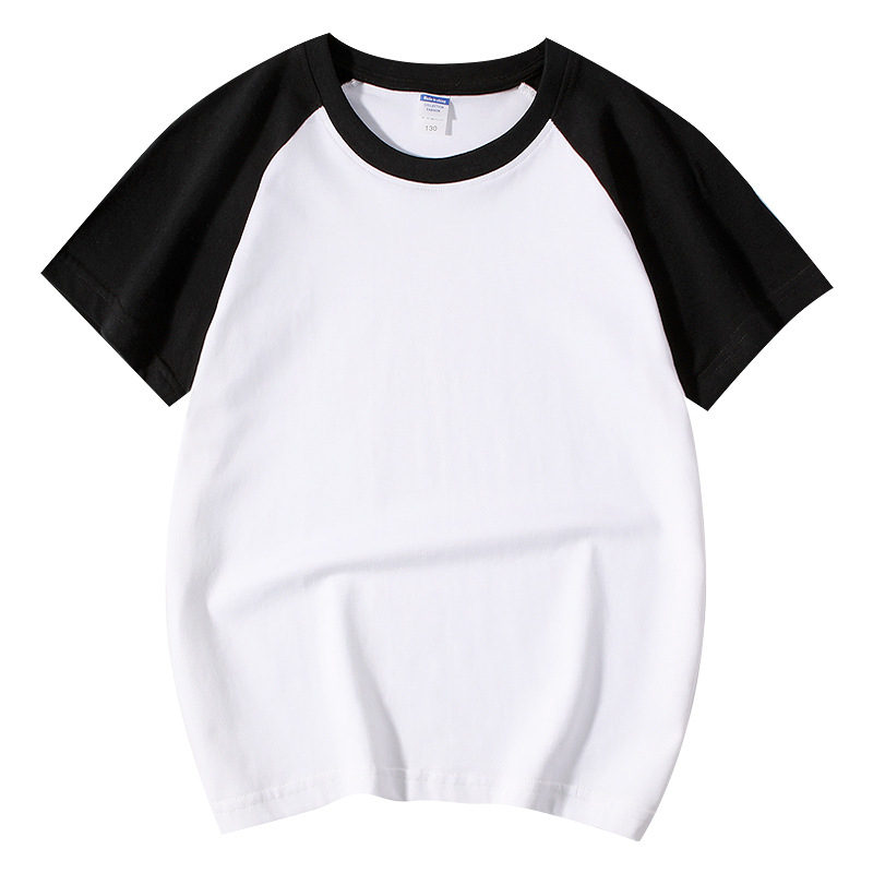 Vaikų medvilninis marškinėliai su raglano rankovėmis, trumpomis rankovėmis, apvalia kaklo iškirpte, spausdintas logotipas