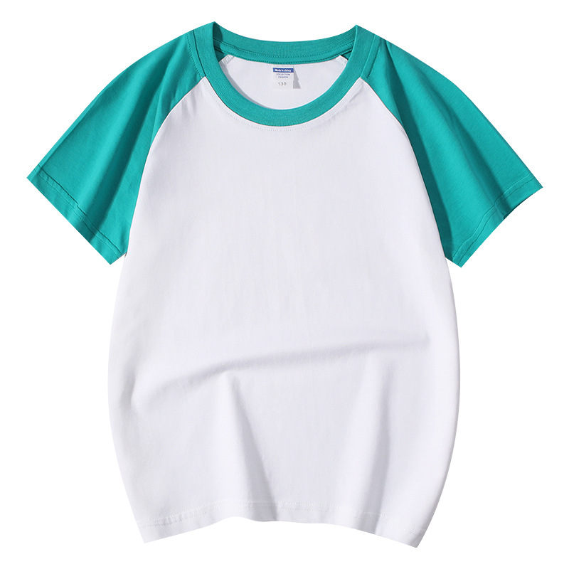 Vaikų medvilninis marškinėliai su raglano rankovėmis, trumpomis rankovėmis, apvalia kaklo iškirpte, spausdintas logotipas