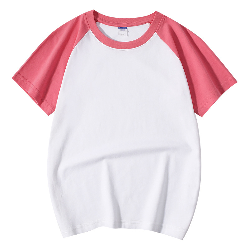 Vaikų medvilninis marškinėliai su raglano rankovėmis, trumpomis rankovėmis, apvalia kaklo iškirpte, spausdintas logotipas