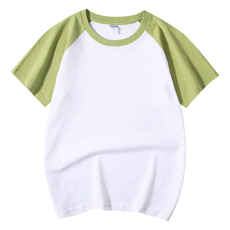 Vaikų medvilninis marškinėliai su raglano rankovėmis, trumpomis rankovėmis, apvalia kaklo iškirpte, spausdintas logotipas