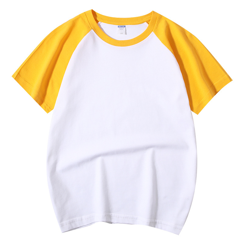 Vaikų medvilninis marškinėliai su raglano rankovėmis, trumpomis rankovėmis, apvalia kaklo iškirpte, spausdintas logotipas