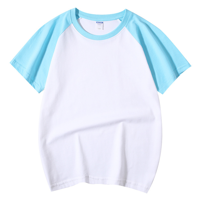 Vaikų medvilninis marškinėliai su raglano rankovėmis, trumpomis rankovėmis, apvalia kaklo iškirpte, spausdintas logotipas