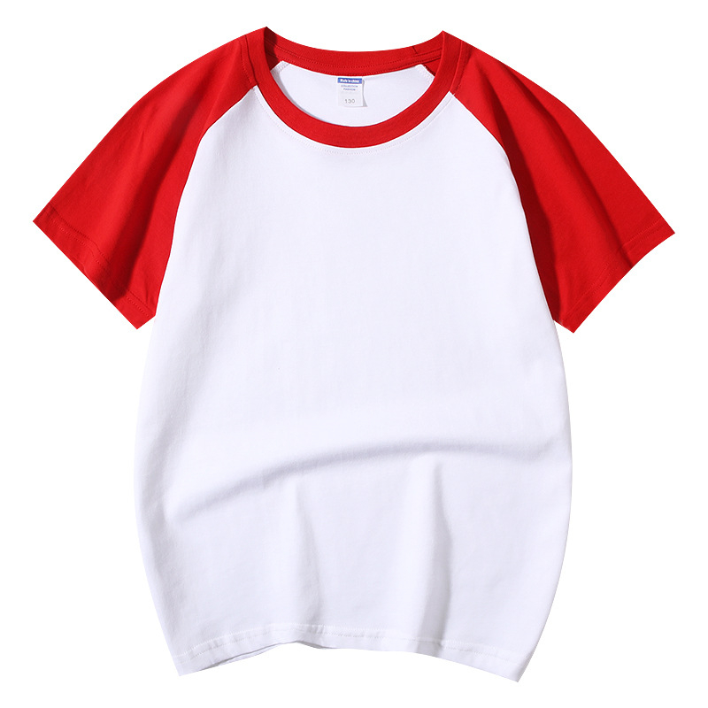 Vaikų medvilninis marškinėliai su raglano rankovėmis, trumpomis rankovėmis, apvalia kaklo iškirpte, spausdintas logotipas