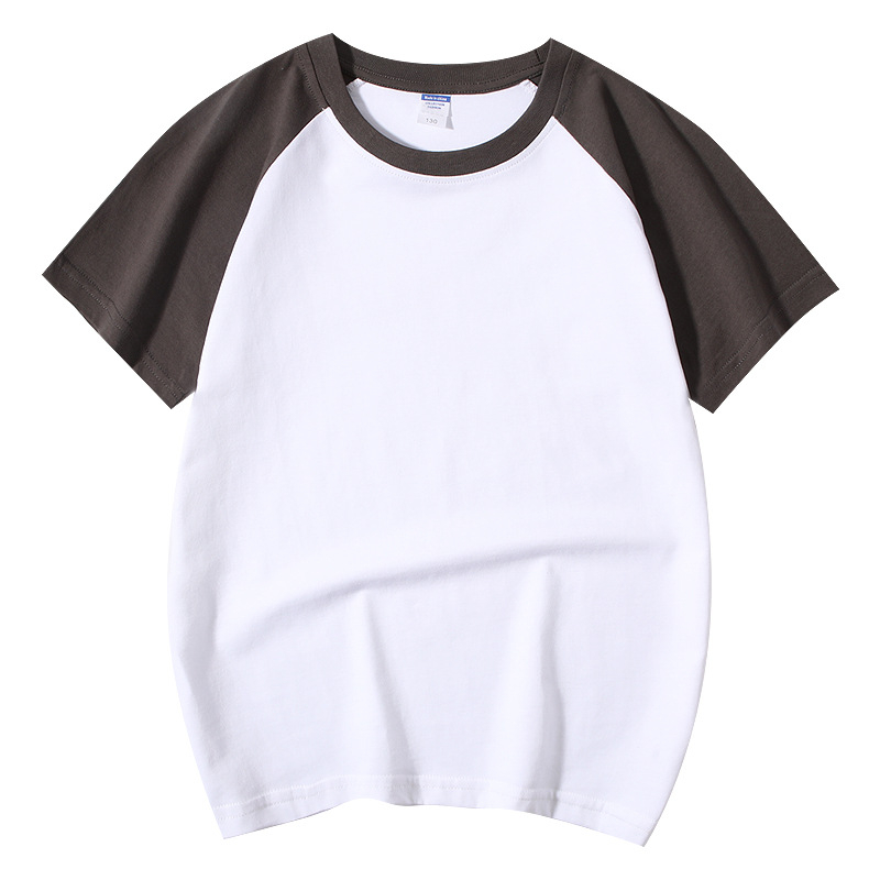 Vaikų medvilninis marškinėliai su raglano rankovėmis, trumpomis rankovėmis, apvalia kaklo iškirpte, spausdintas logotipas