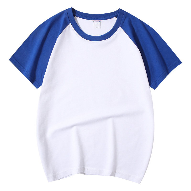 Vaikų medvilninis marškinėliai su raglano rankovėmis, trumpomis rankovėmis, apvalia kaklo iškirpte, spausdintas logotipas