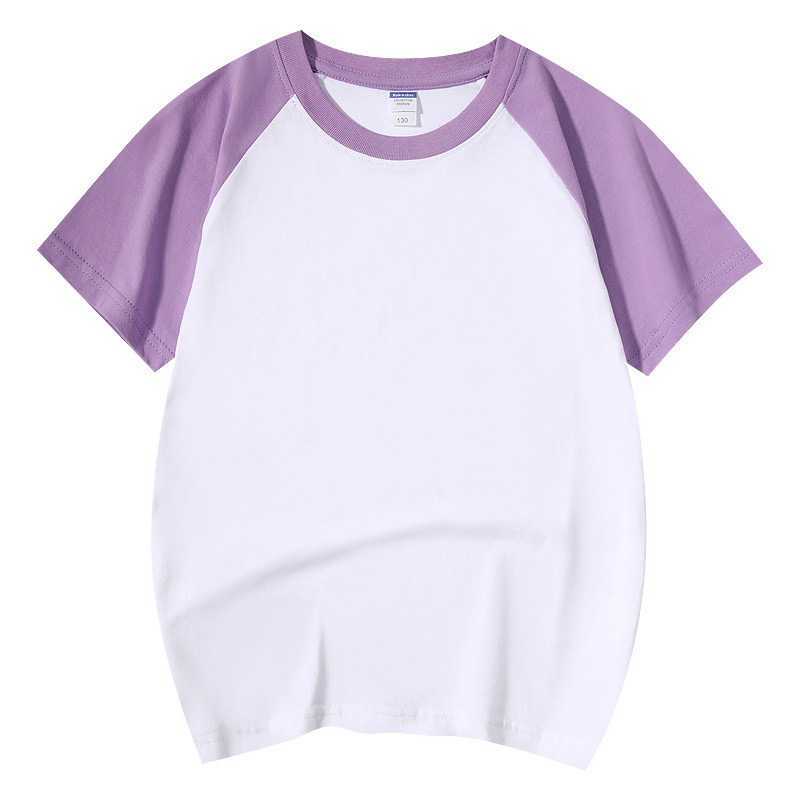 Vaikų medvilninis marškinėliai su raglano rankovėmis, trumpomis rankovėmis, apvalia kaklo iškirpte, spausdintas logotipas