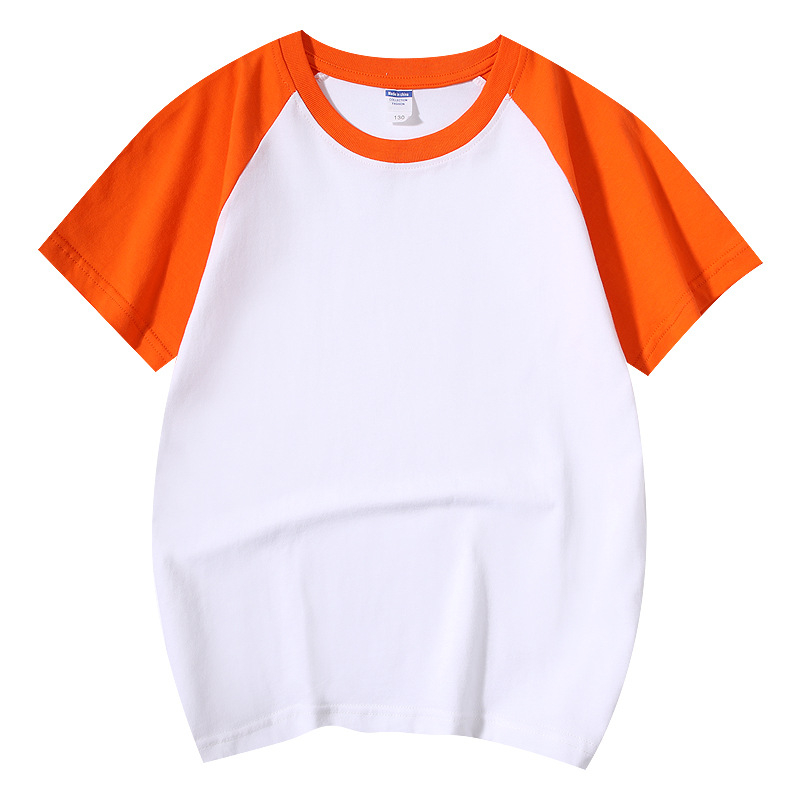 Vaikų medvilninis marškinėliai su raglano rankovėmis, trumpomis rankovėmis, apvalia kaklo iškirpte, spausdintas logotipas