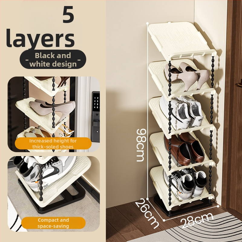 Nulenktas batų laikiklis, 6 sluoksniai, PP medžiaga, modernus minimalistinis stilius, grindų tvirtinimas, tinkamas sportbačiams, batams ir aukštakulniams