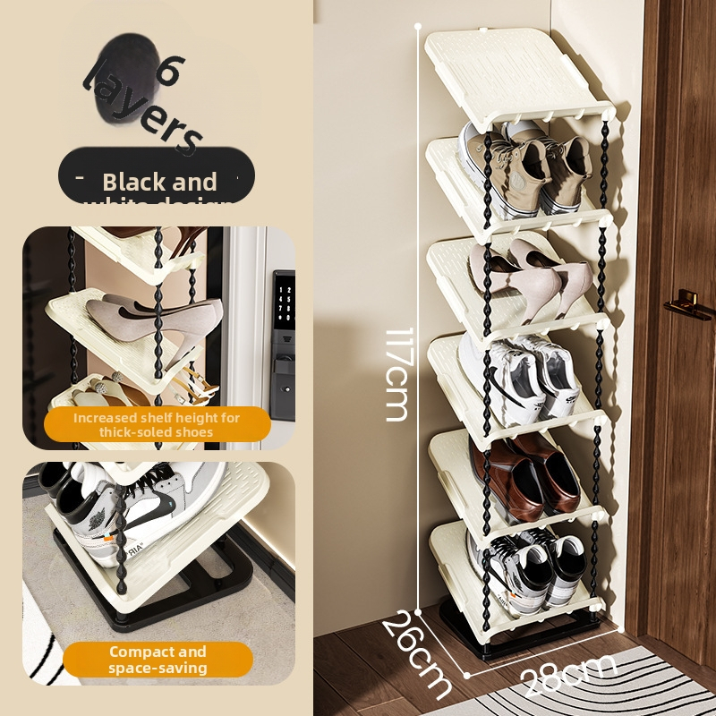 Nulenktas batų laikiklis, 6 sluoksniai, PP medžiaga, modernus minimalistinis stilius, grindų tvirtinimas, tinkamas sportbačiams, batams ir aukštakulniams