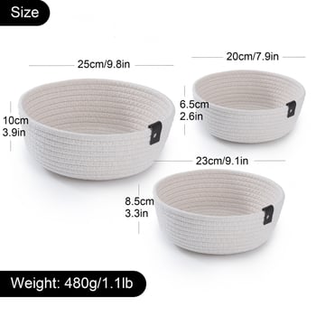 Košarica za sitnice - ručno pleteni konop od pamuka, set od tri komada, moderan minimalistički dizajn (pakiranje 30 komada; za CD-ove, uredske potrepštine, kozmetiku i nakit, knjige)