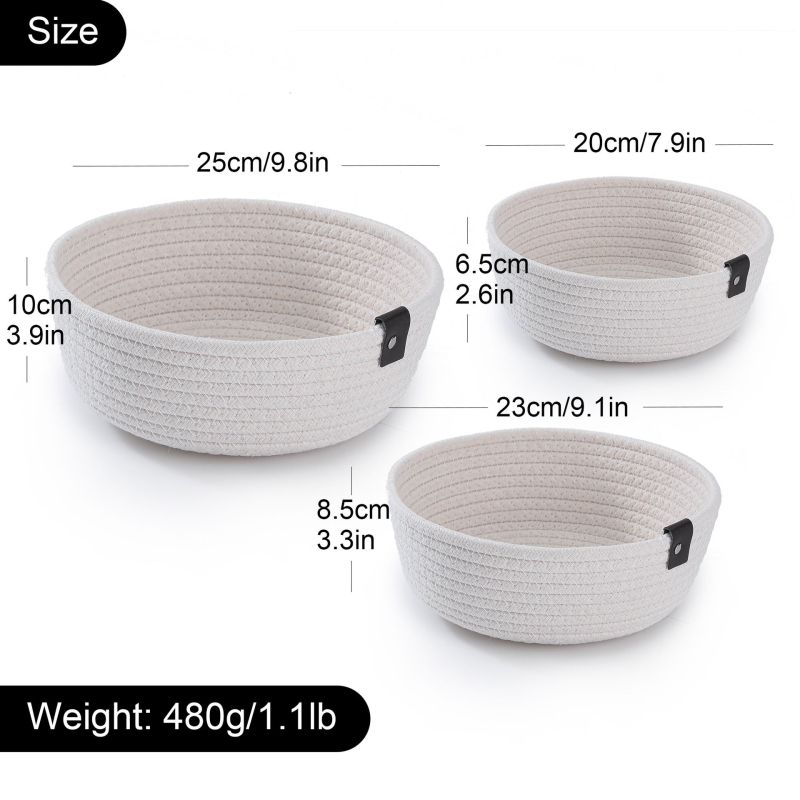 Košarica za sitnice - ručno pleteni konop od pamuka, set od tri komada, moderan minimalistički dizajn (pakiranje 30 komada; za CD-ove, uredske potrepštine, kozmetiku i nakit, knjige)