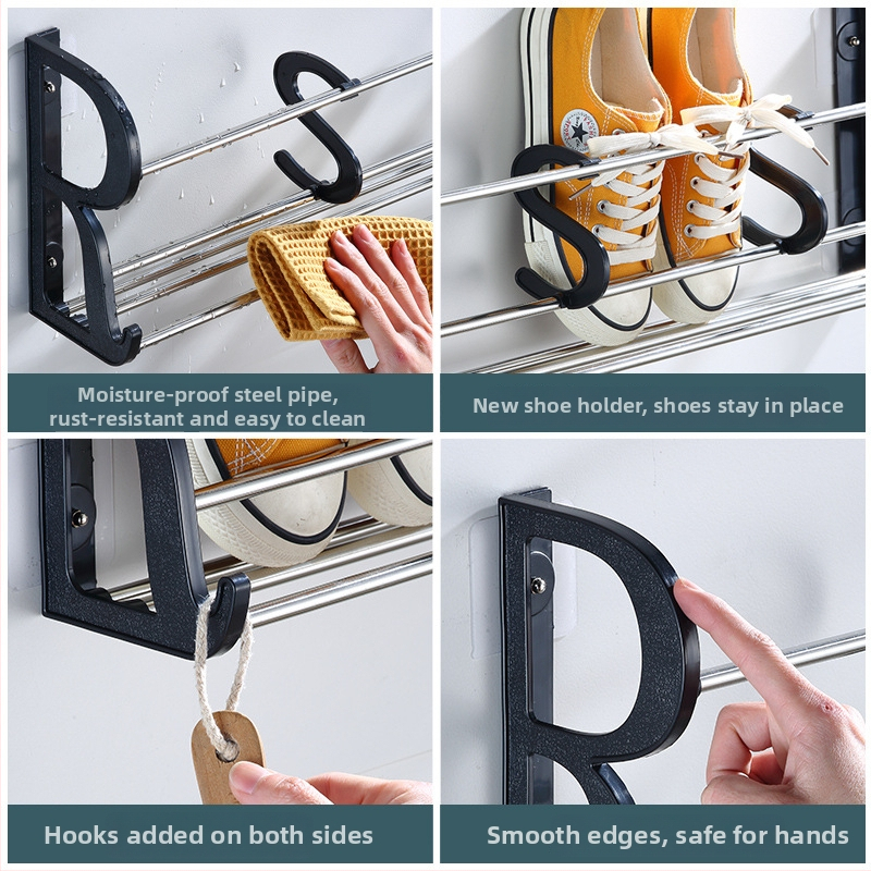 Sieninis batų stovas be gręžimo, lipnus montavimas, už durų, vonios kambariui, daugiafunkcinis