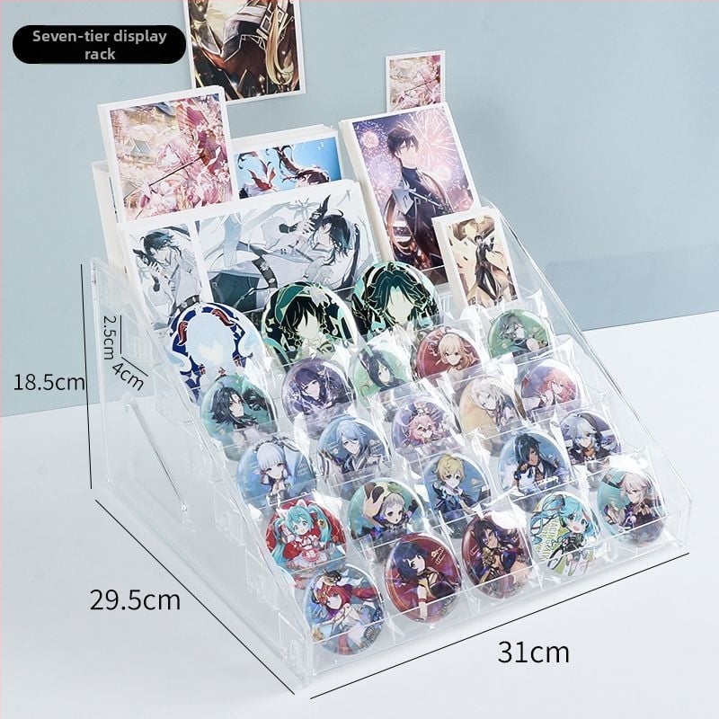 Raft de afișaj în trepte, 7 niveluri, pentru badge-uri și accesorii anime, organizator transparent de birou din PET, fără găuri