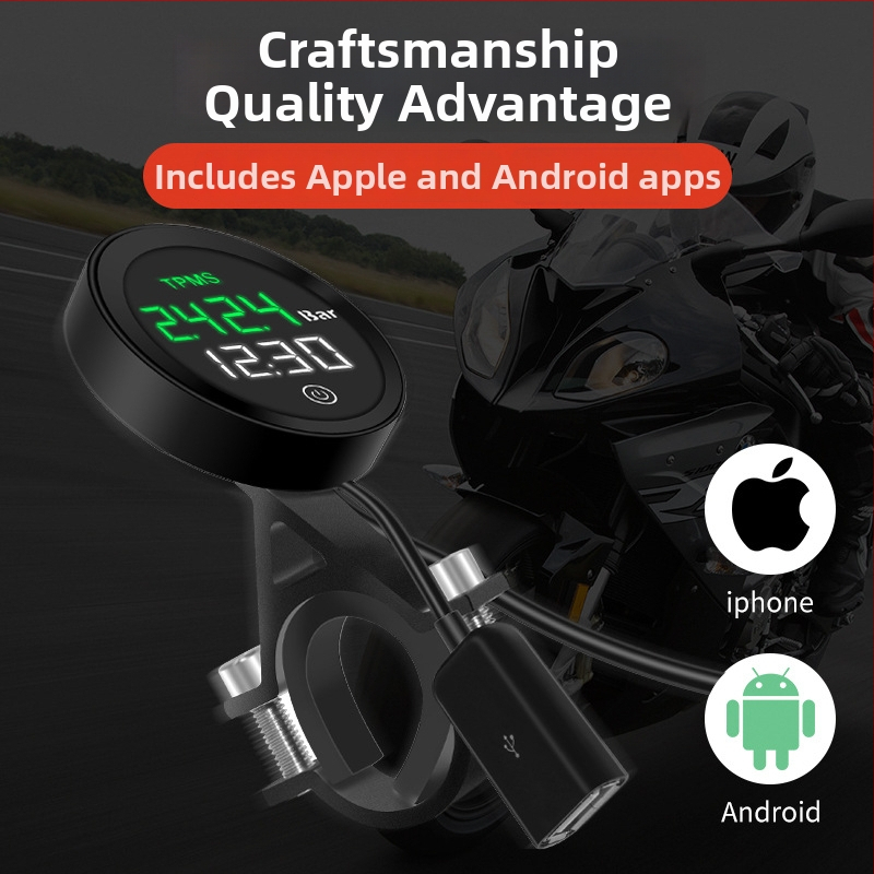 TPMS riepu spiediena uzraudzības sistēma motocikliem un elektriskajiem transportlīdzekļiem – bezvadu, digitālais displejs, modelis M-01, spiediena diapazons 0-8 bar, augsta precizitāte