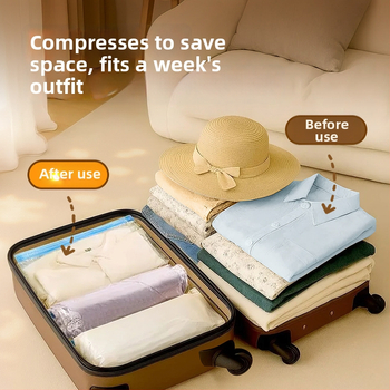 Ceļojumu vakuuma kompresijas soma drēbēm ar roku vēršanas mehānismu un pumpu, PET+PE materiāls, 180 gab., kastē, 2022. gada iesniegšana