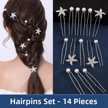 U formas matu sprādze ar pērļām un kristāliem, jūras zvaigzne, metāla elektroplakāta pārklājums